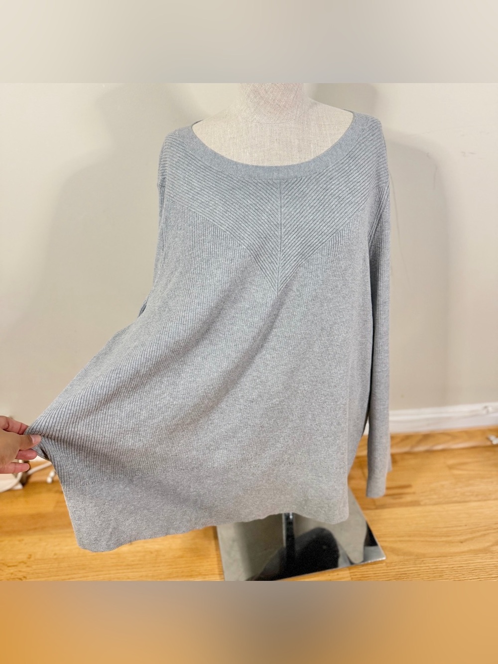 Talbots Plus NWT Fine Ribbed Crewneck Sweater Chevron Pattern Heather Gray 3X